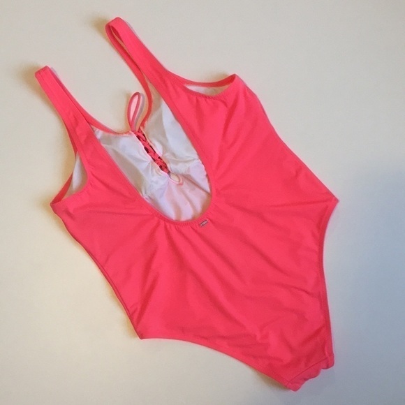 Neon Pink One Piece Swimsuit Cheeky VS Size Large Low Back Lattice Detail Barbie - Picture 6 of 9